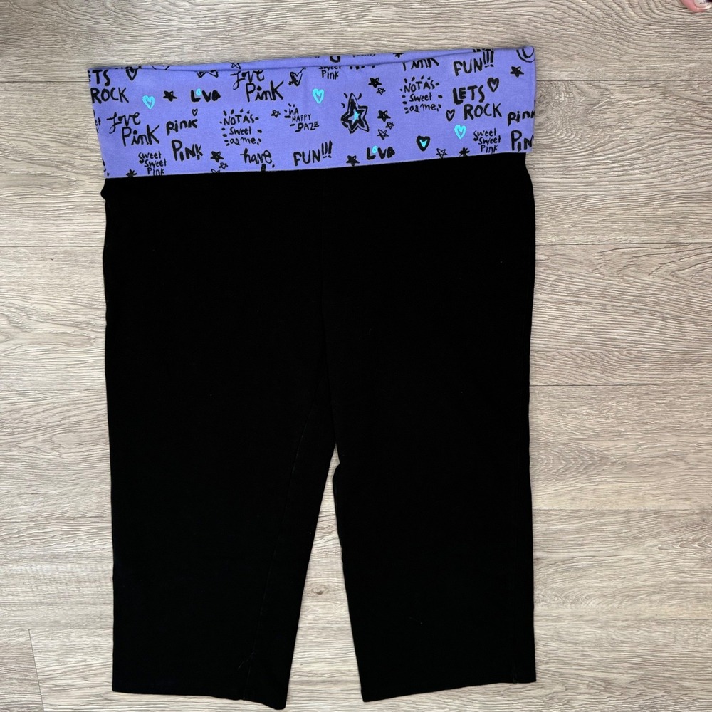 Victoria's Secret PINK Yoga Leggings Black Purple Foldover Waistband Large